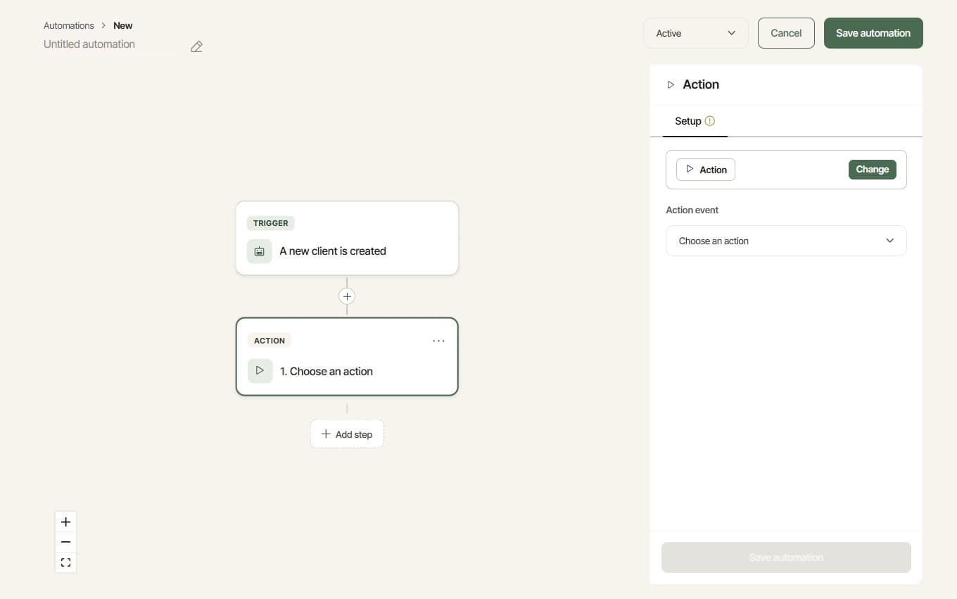 The Soap Notes automations builder showing a trigger and action workflow