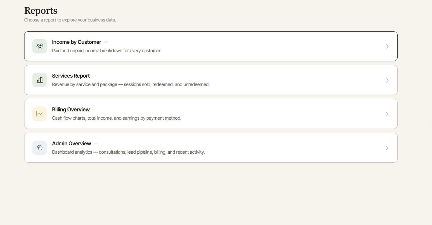 The Soap Notes reports screen with income, services, billing, and admin reports